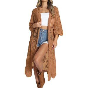 🆕Women Brown Mesh Open Front Cardigan Swimsuit Cover Up Beach Bathing Suit